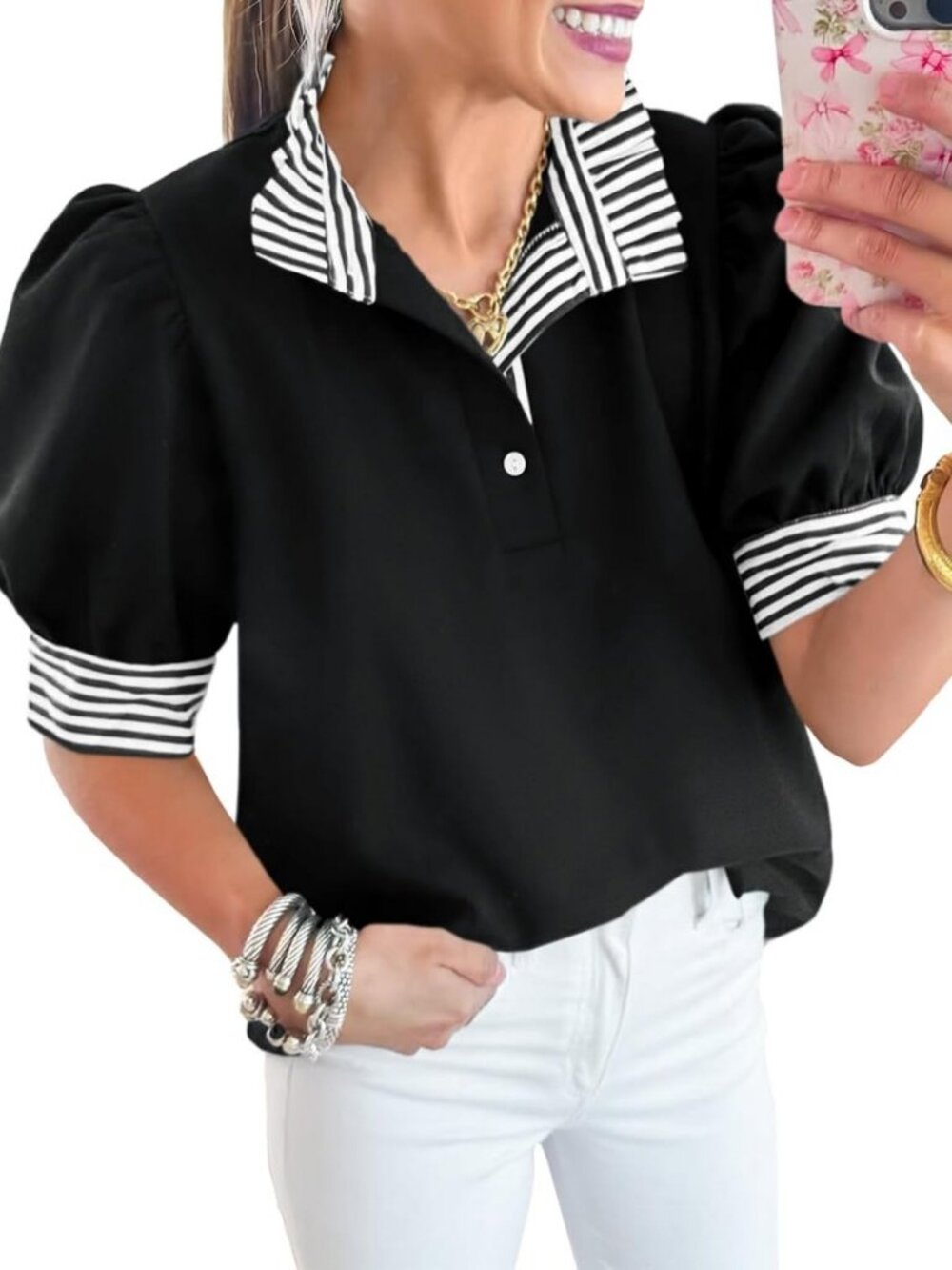 Summer V Neck Striped Puff Sleeve Tops | Loose Fit Polo Shirts for Women